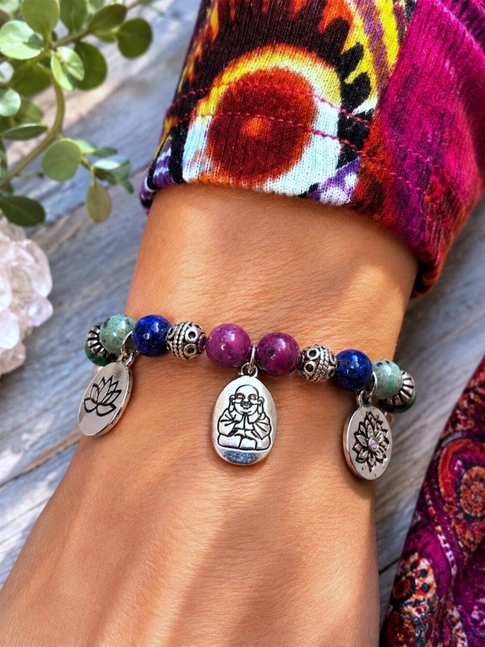 Artisan Chakra Bracelet Buddha Lotus Charm Colorful Gemstone Yoga Meditation - Picture 2 of 12